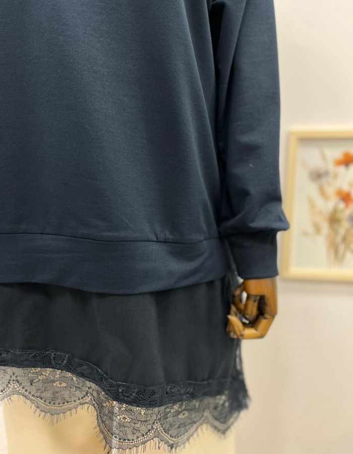 Çapraz Dantel Detaylı Salaş Tunik Lacivert