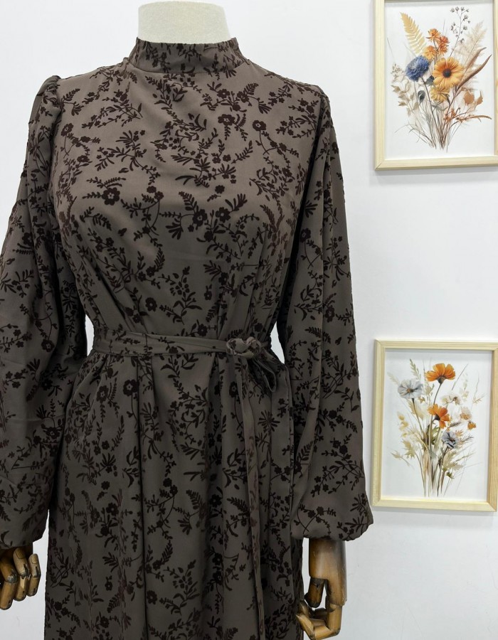 Çiçek Desenli Elbise Kahverengi