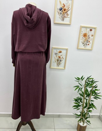 Kapüşonlu Bağcık Detaylı Sweat Etek Takım Mürdüm