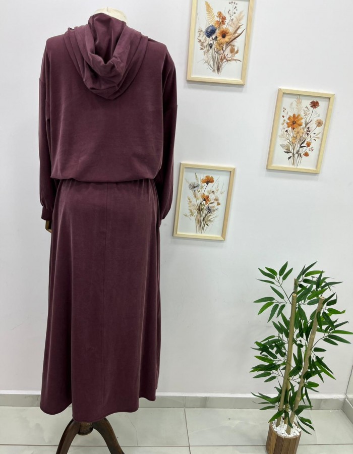 Kapüşonlu Bağcık Detaylı Sweat Etek Takım Mürdüm