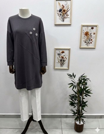 Taşlı Salaş Büyük Beden Tunik Gri