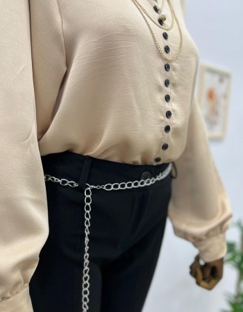 beli zincir kemer detaylı ispanyol paça kumaş pantolon