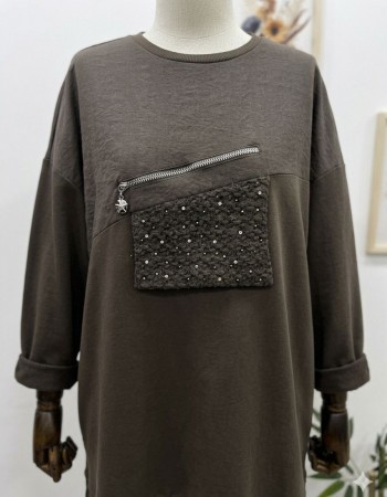 Fermuar ve Garnili Kahverengi Tunik