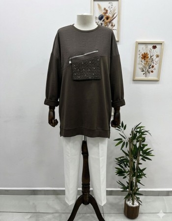 Fermuar ve Garnili Kahverengi Tunik