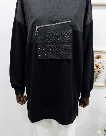 Fermuar ve Garnili Siyah Tunik