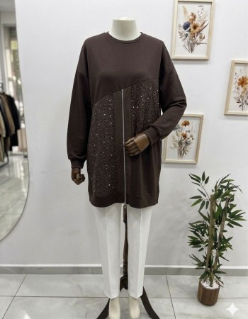 Fermuar ve Taş Detaylı Kahverengi Tunik