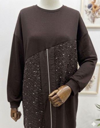 Fermuar ve Taş Detaylı Kahverengi Tunik