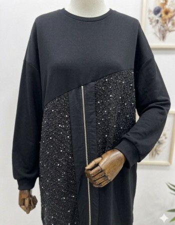 Fermuar ve Taş Detaylı Siyah Tunik