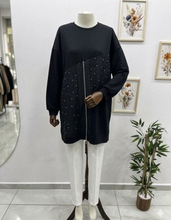 Fermuar ve Taş Detaylı Siyah Tunik