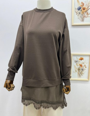 Çapraz Dantel Detaylı Salaş Tunik Kahverengi