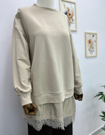 Çapraz Dantel Detaylı Salaş Tunik Krem