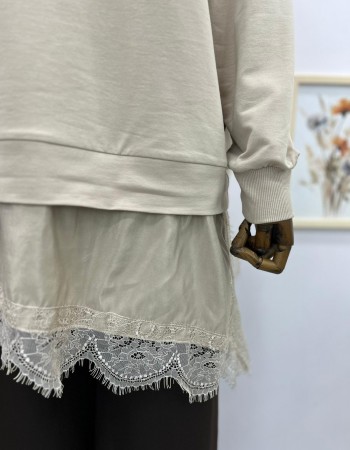 Çapraz Dantel Detaylı Salaş Tunik Krem