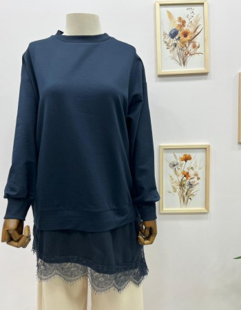 Çapraz Dantel Detaylı Salaş Tunik Lacivert