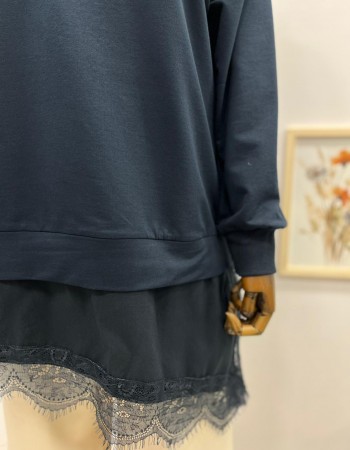 Çapraz Dantel Detaylı Salaş Tunik Lacivert